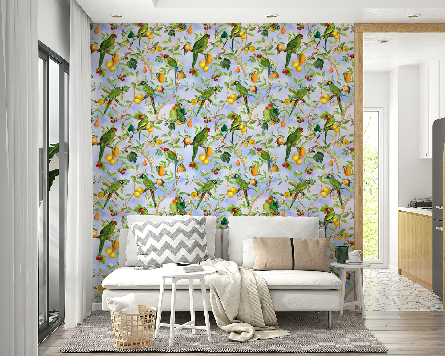 Bold nature-inspired wallpaper with exotic flowers and birds.


