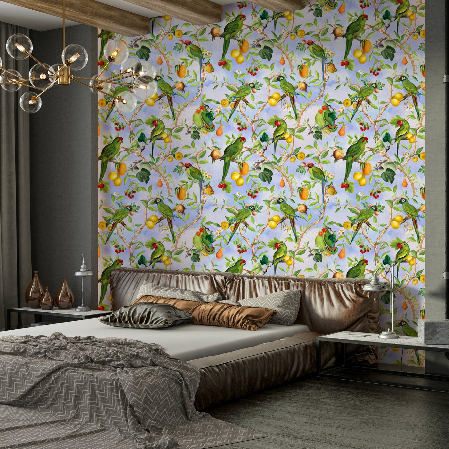 Jungle-themed wallpaper featuring birds with vivid plumage.

