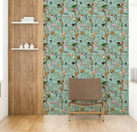 Vibrant wallpaper featuring jungle birds and green tropical vines.


