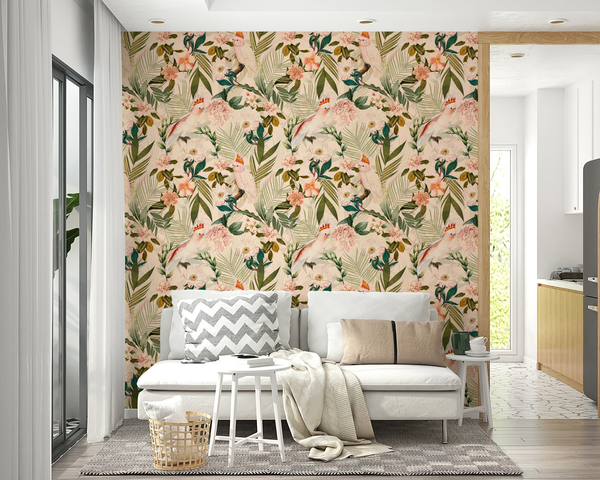 Exotic birds and greenery in Tropical Paradise Birds wallpaper.

