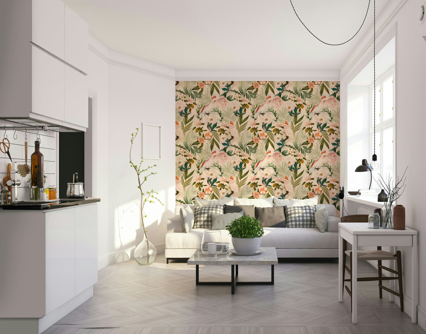 Tropical wallpaper mural featuring colorful birds and foliage.

