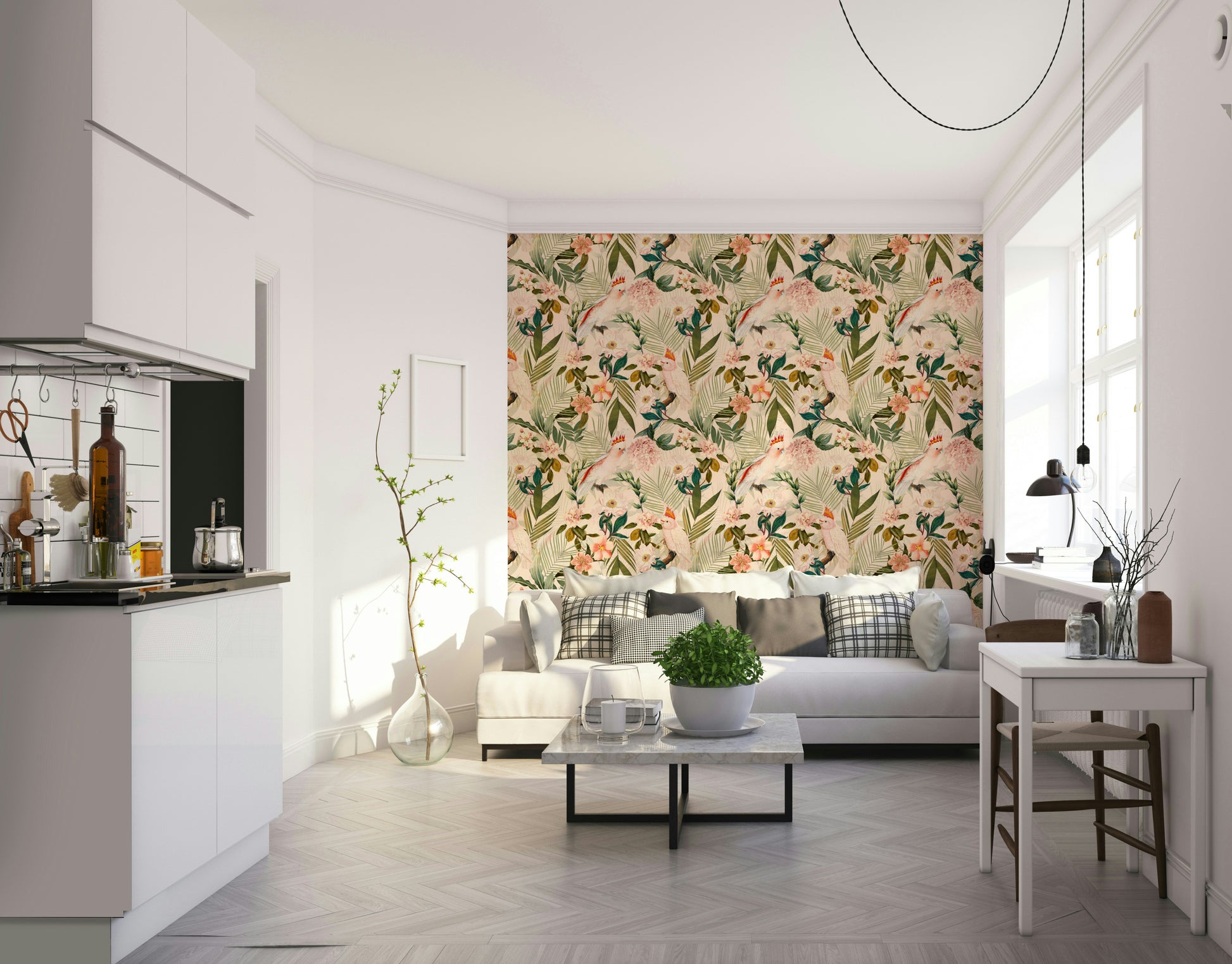 Tropical wallpaper mural featuring colorful birds and foliage.

