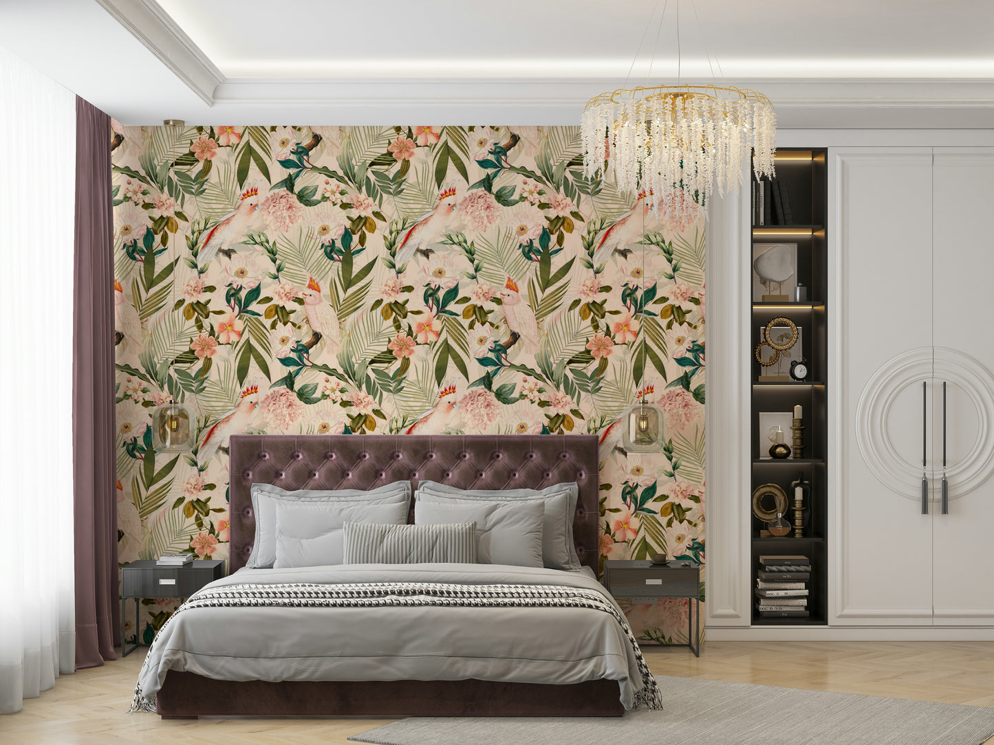 Close-up of Tropical Paradise Birds wallpaper with exotic birds.

