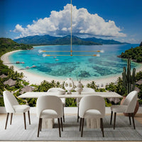 Modern tropical wall decor with sunlit sandy beach for a bright Dining space.
