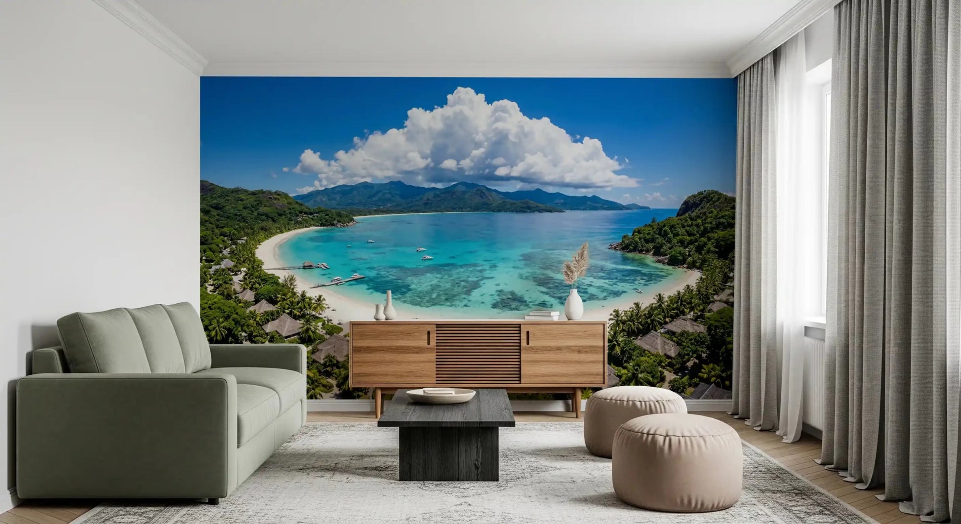 Modern style tropical beach wallpaper perfect for a home office background.