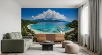 Modern style tropical beach wallpaper perfect for a home office background.
