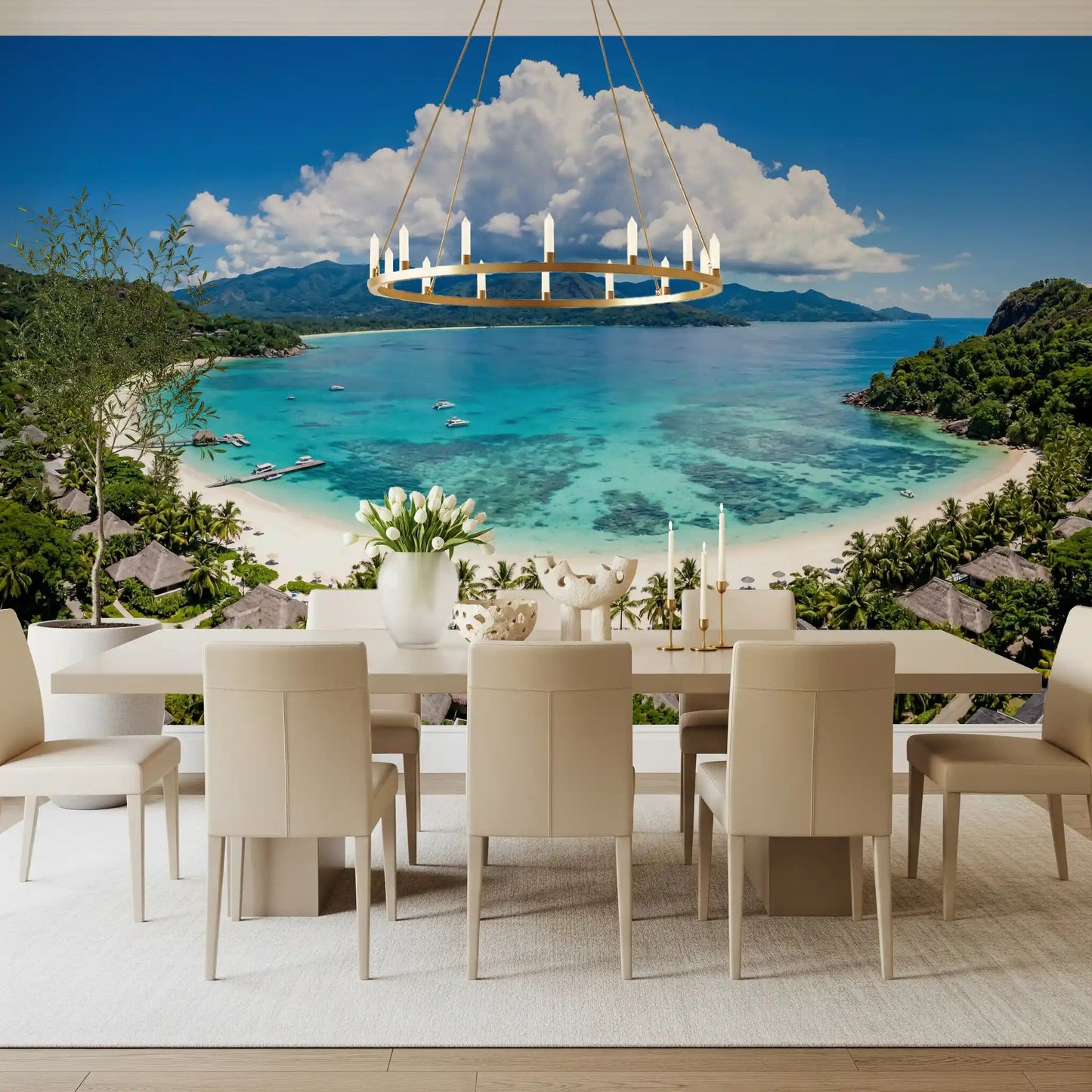 Large scale tropical scenery wallpaper for a bold modern Dining area.
