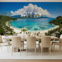 Large scale tropical scenery wallpaper for a bold modern Dining area.
