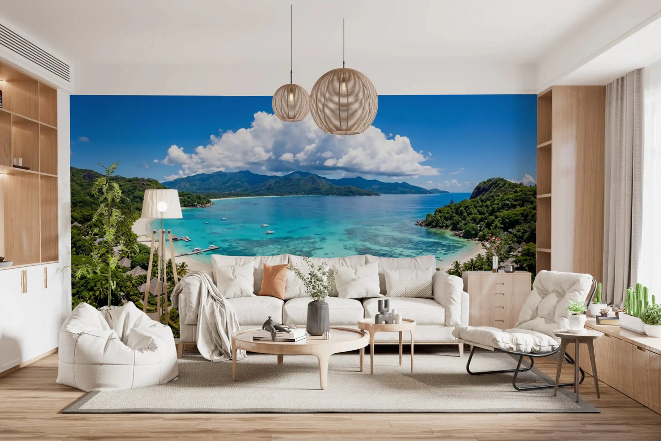 Tropical Paradise View Wall Mural for modern living room featuring palms.