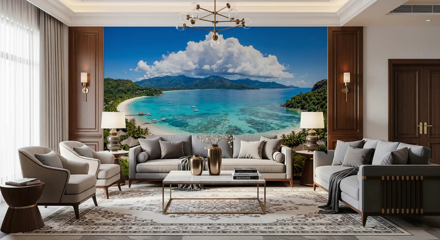 Bright entryway blue ocean waves printed on this scenic tropical wallpaper.