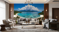 Bright entryway blue ocean waves printed on this scenic tropical wallpaper.