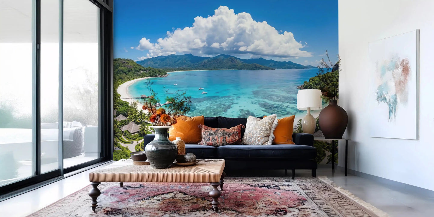 Tropical paradise view wall mural with lush foliage for an entryway wall.