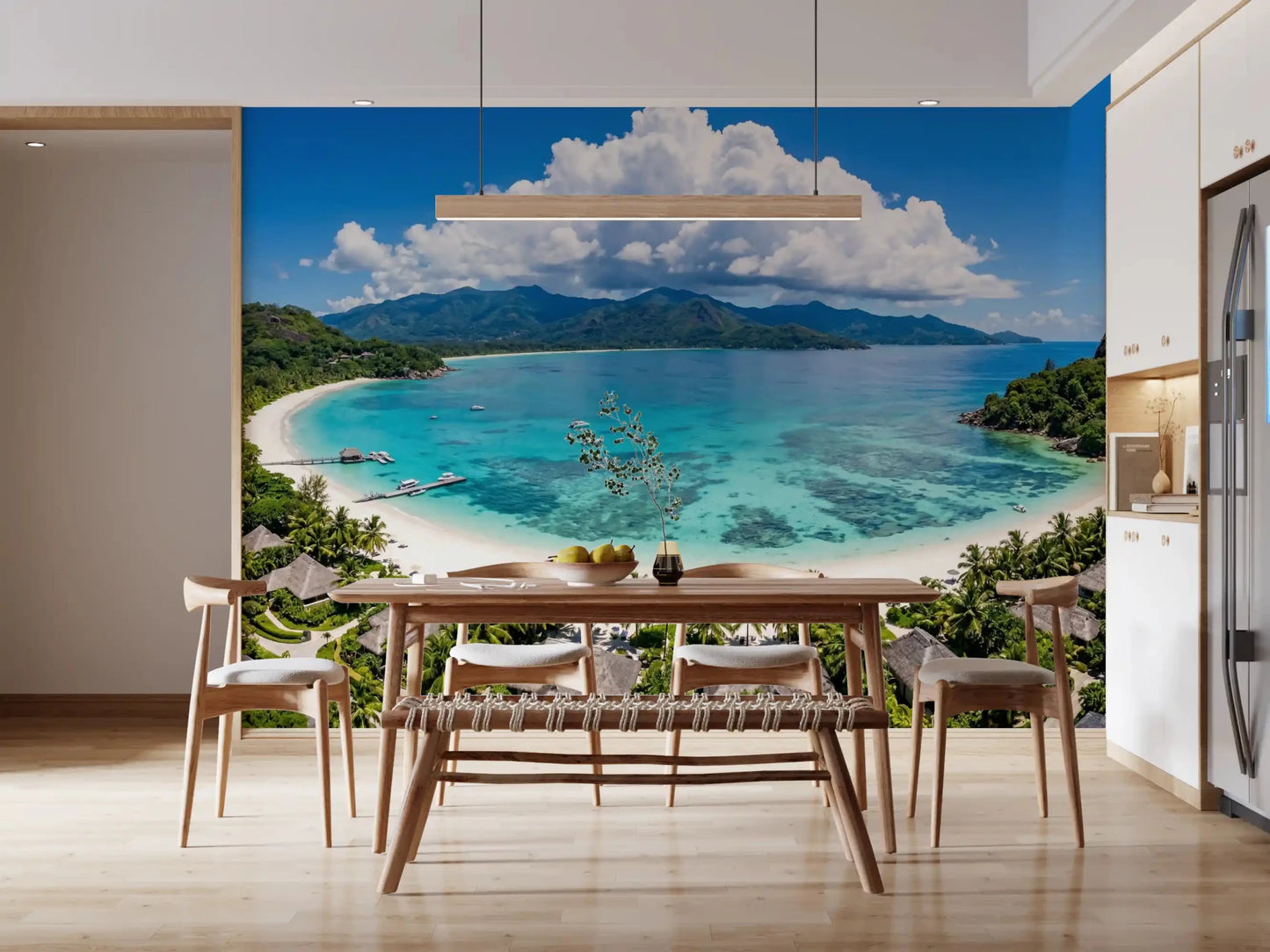 Abstract tropical paradise view wall mural for a modern dining room wall.