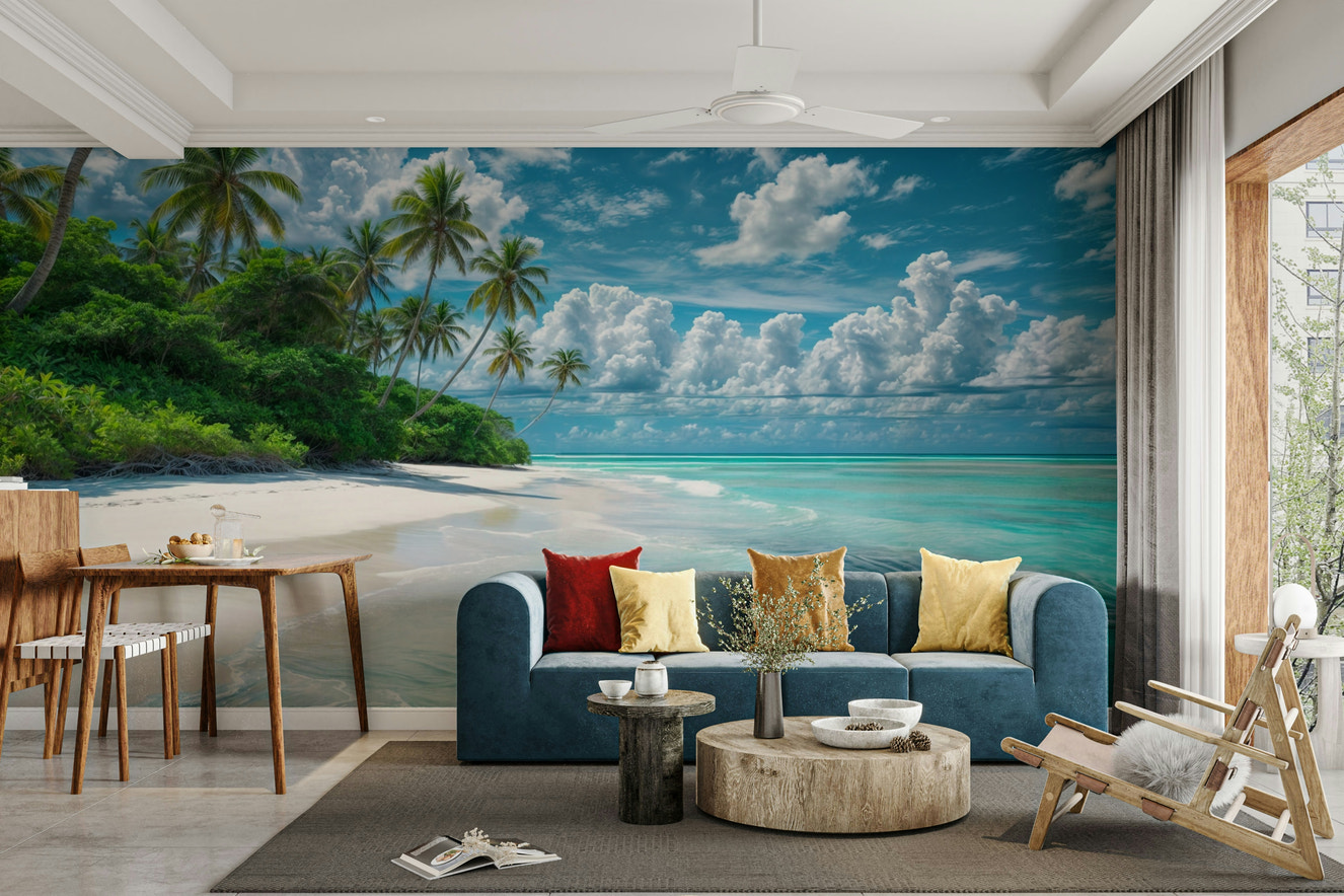 Palm trees on a white sand beach wall art

