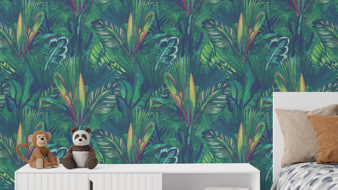 Tropical peel and stick wallpaper green in living room