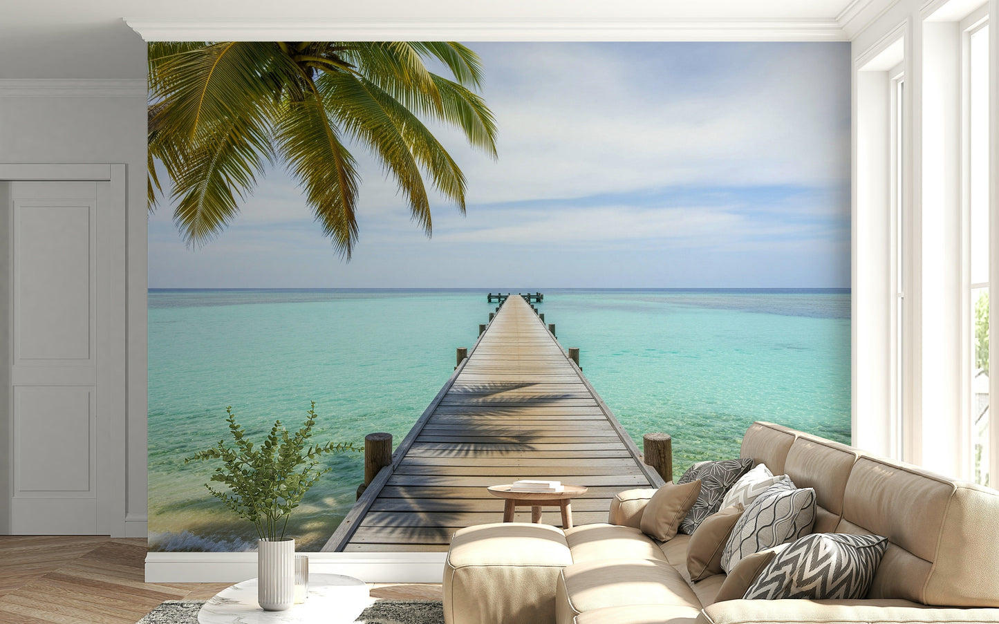 Pier-to-the-sea wall mural in modern sitting room, beach vibe, gentle blues and sunlit tones