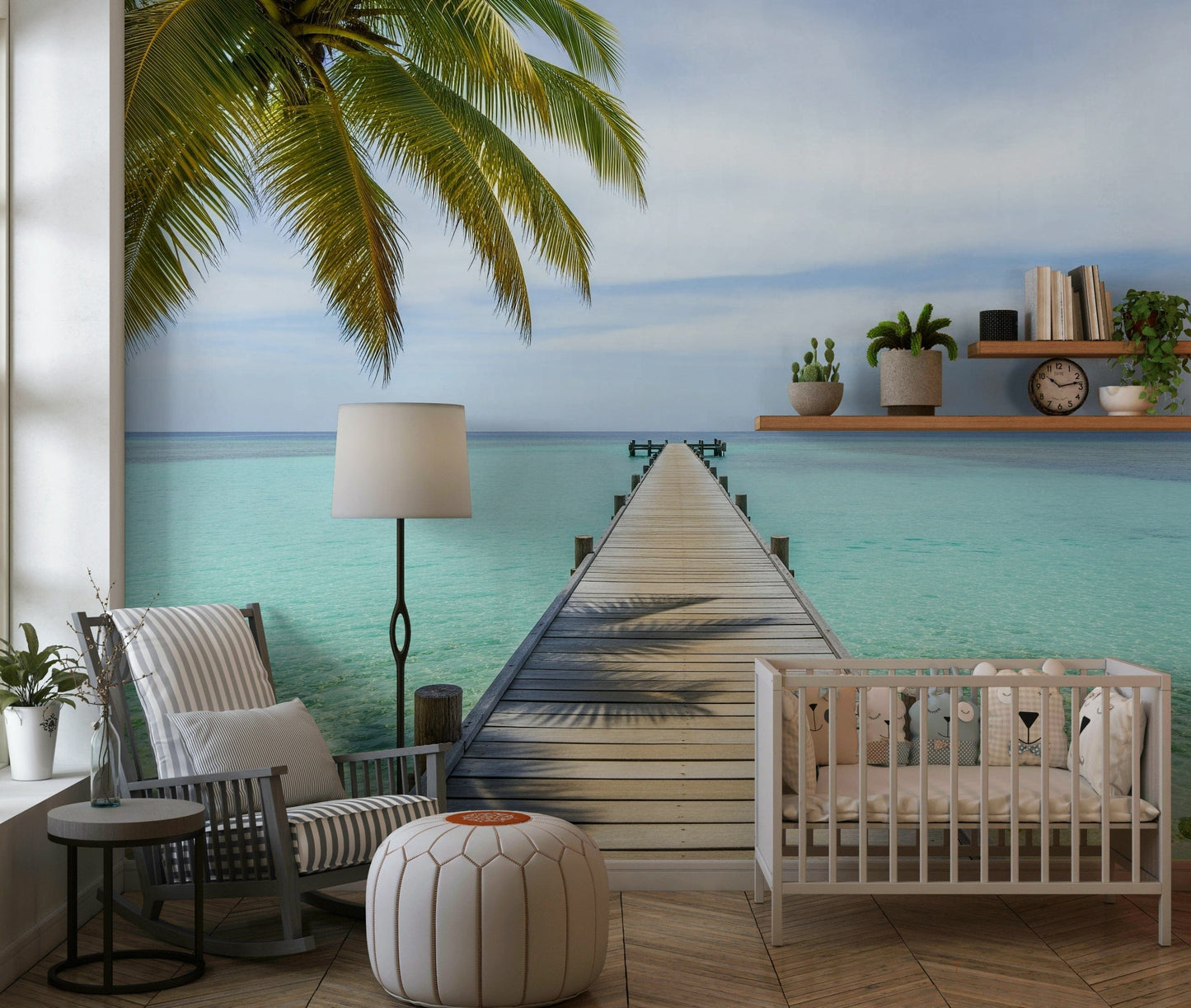 Beach boardwalk mural on entryway wall, sea horizon view, bright and open modern interior