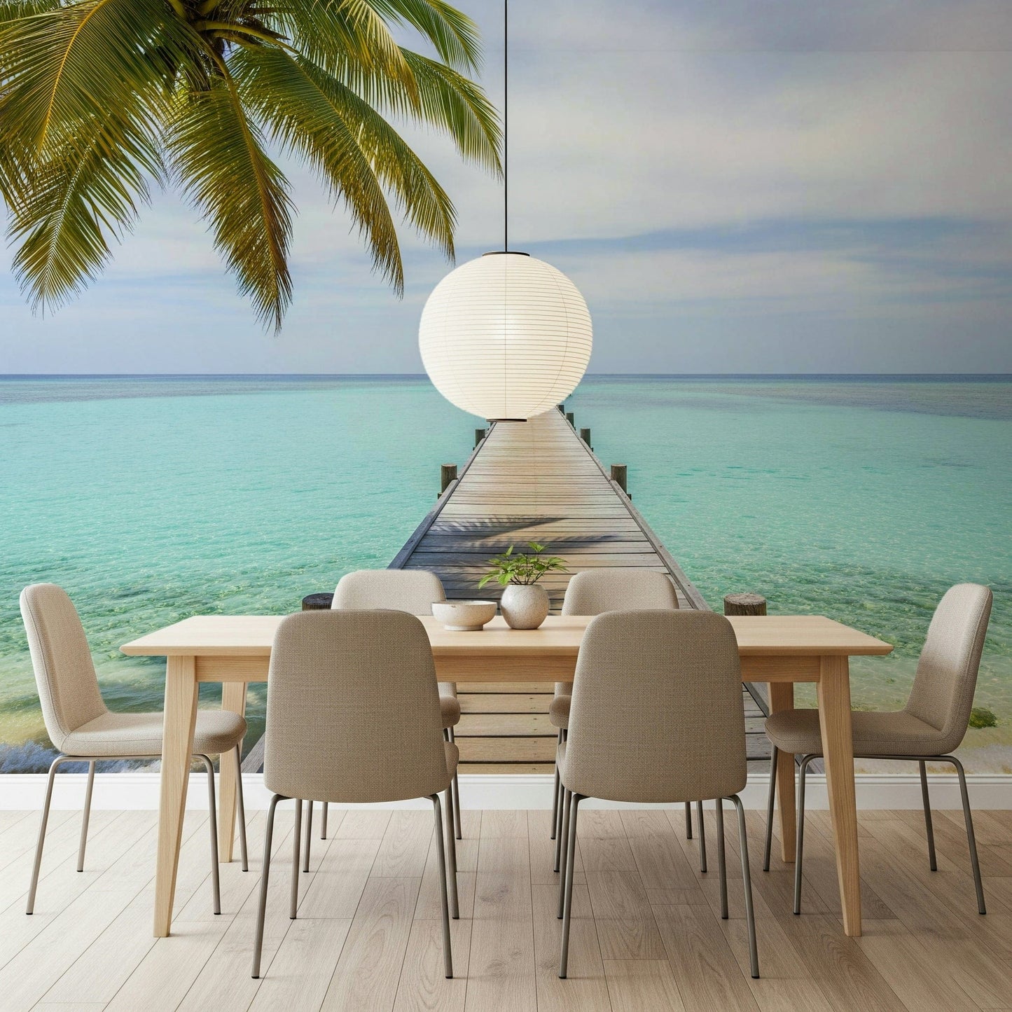 Coastal pier mural in home office, airy beach scene, blue water and warm light, modern wall decor
