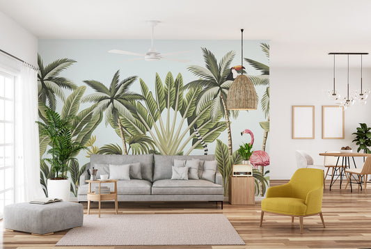 Tropical Plants & Animals wallpaper mural shown as a full feature wall that highlights the design