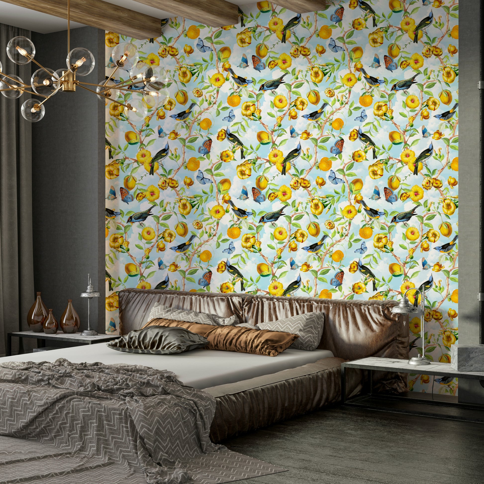 Wallpaper with layered foliage and vibrant tropical plants.

