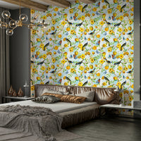 Wallpaper with layered foliage and vibrant tropical plants.

