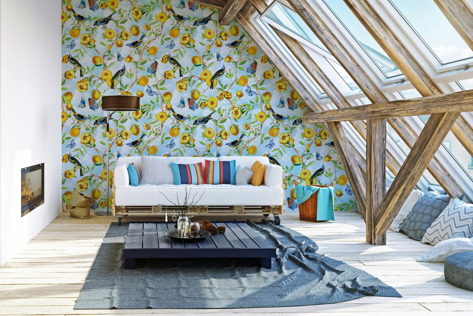 Tropical Rhapsody 1 Wallpaper with palm leaves and exotic flowers.