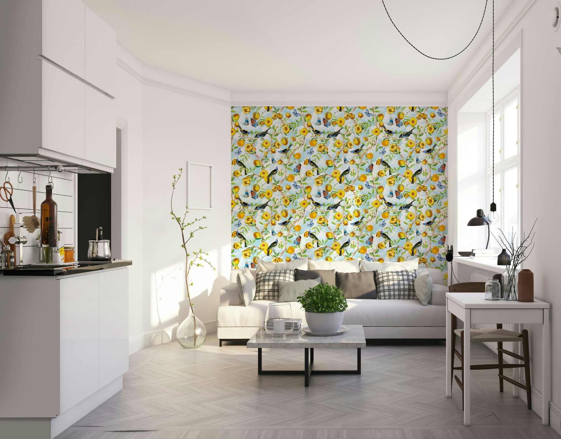 Maximalist-style wallpaper with rich tropical greenery.

