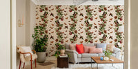 Bold wallpaper design featuring lush greenery and exotic blooms

