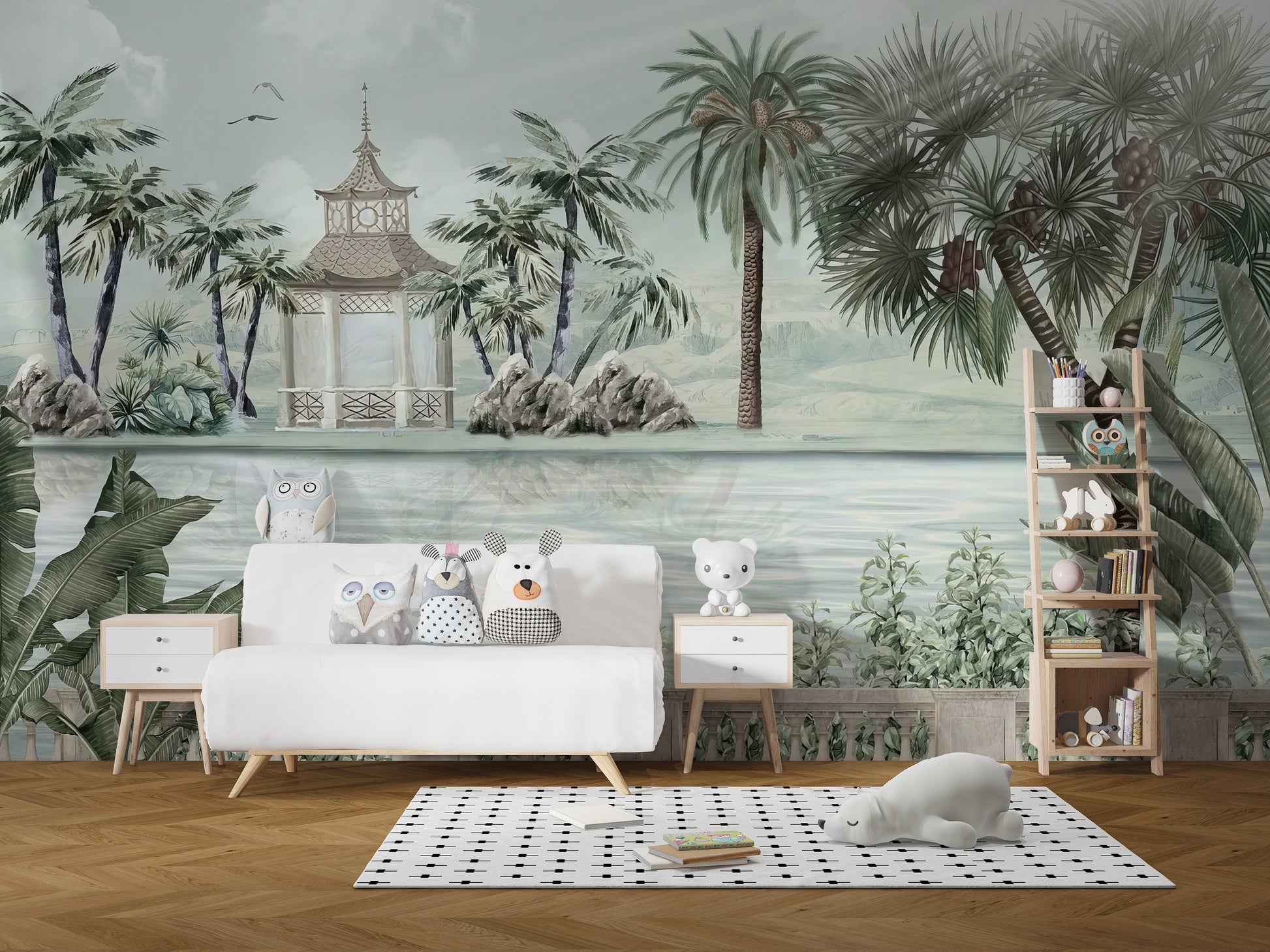 Watercolor Tropical Riverbank wallpaper mural styled along a hallway feature wall near a console in green tones