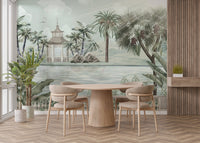 Watercolor Tropical Riverbank wallpaper mural as a bedroom feature wall behind the headboard in green tones
