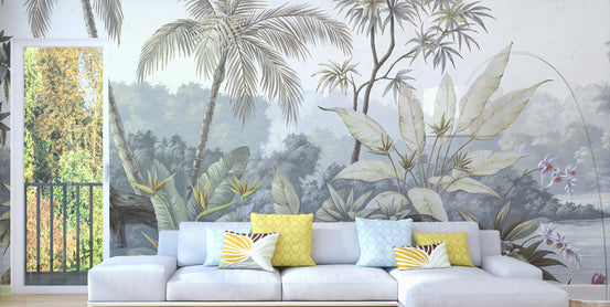 Tropical Trees Textured wallpaper mural shown as a full feature wall that highlights the design