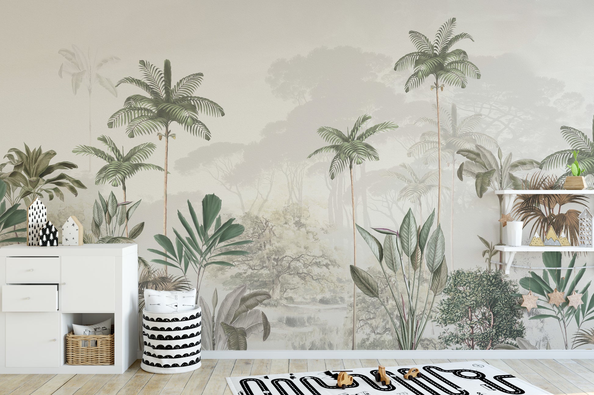Tropical Trees White Tone wallpaper mural styled along a hallway feature wall near a console in warm sepia tones