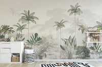 Tropical Trees White Tone wallpaper mural styled along a hallway feature wall near a console in warm sepia tones