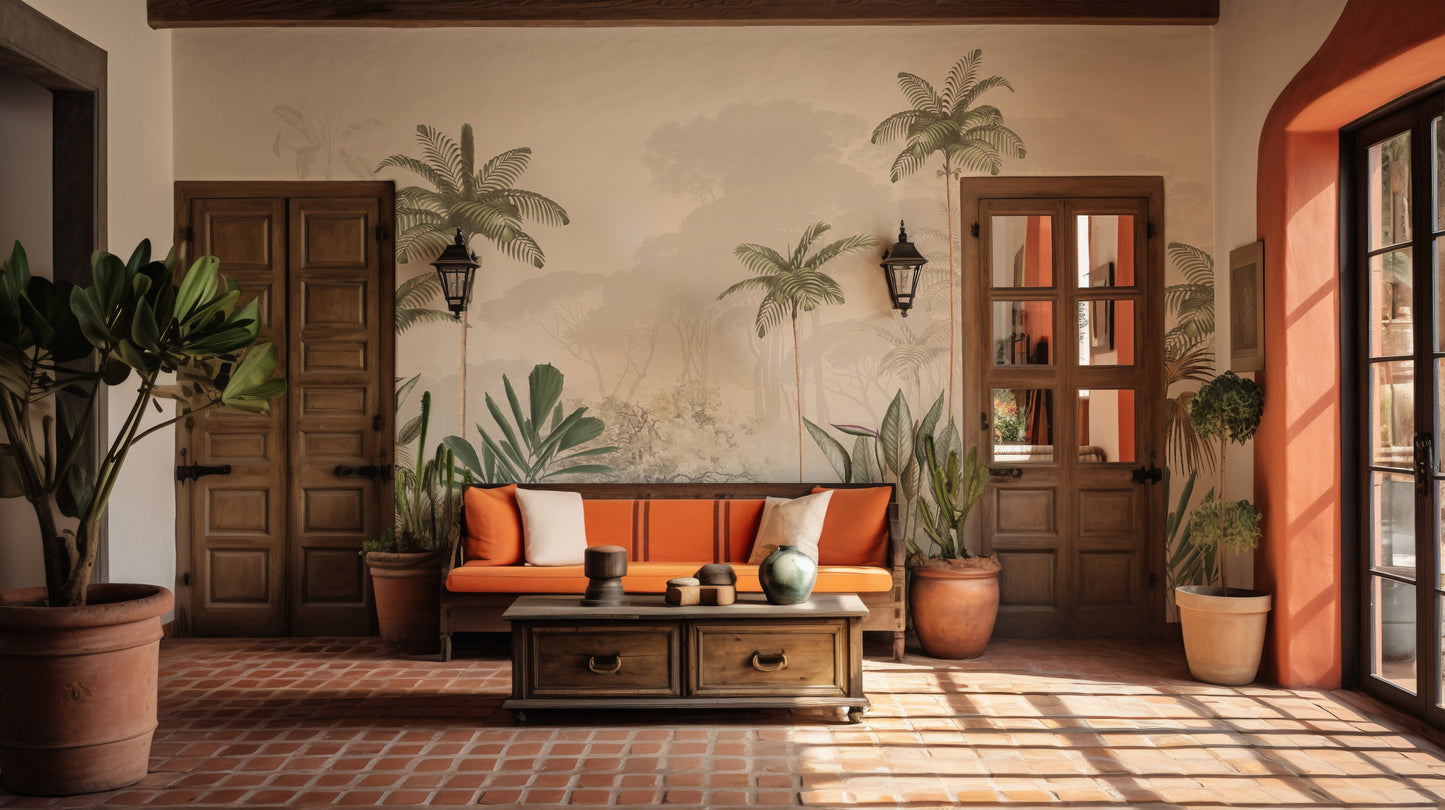 Tropical Trees White Tone wallpaper mural as a feature wall in a home office workspace in warm sepia tones