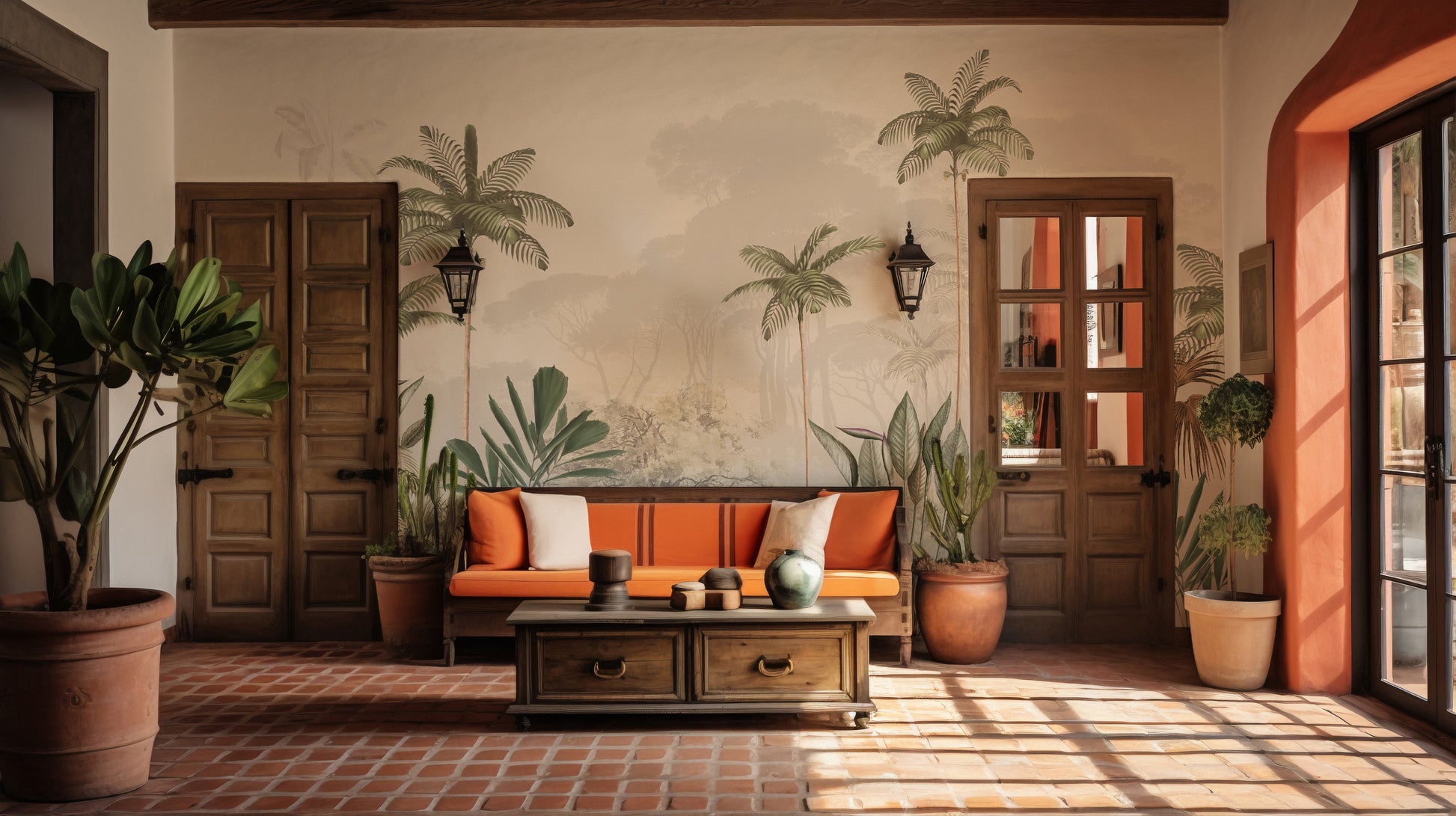 Tropical Trees White Tone wallpaper mural as a feature wall in a home office workspace in warm sepia tones