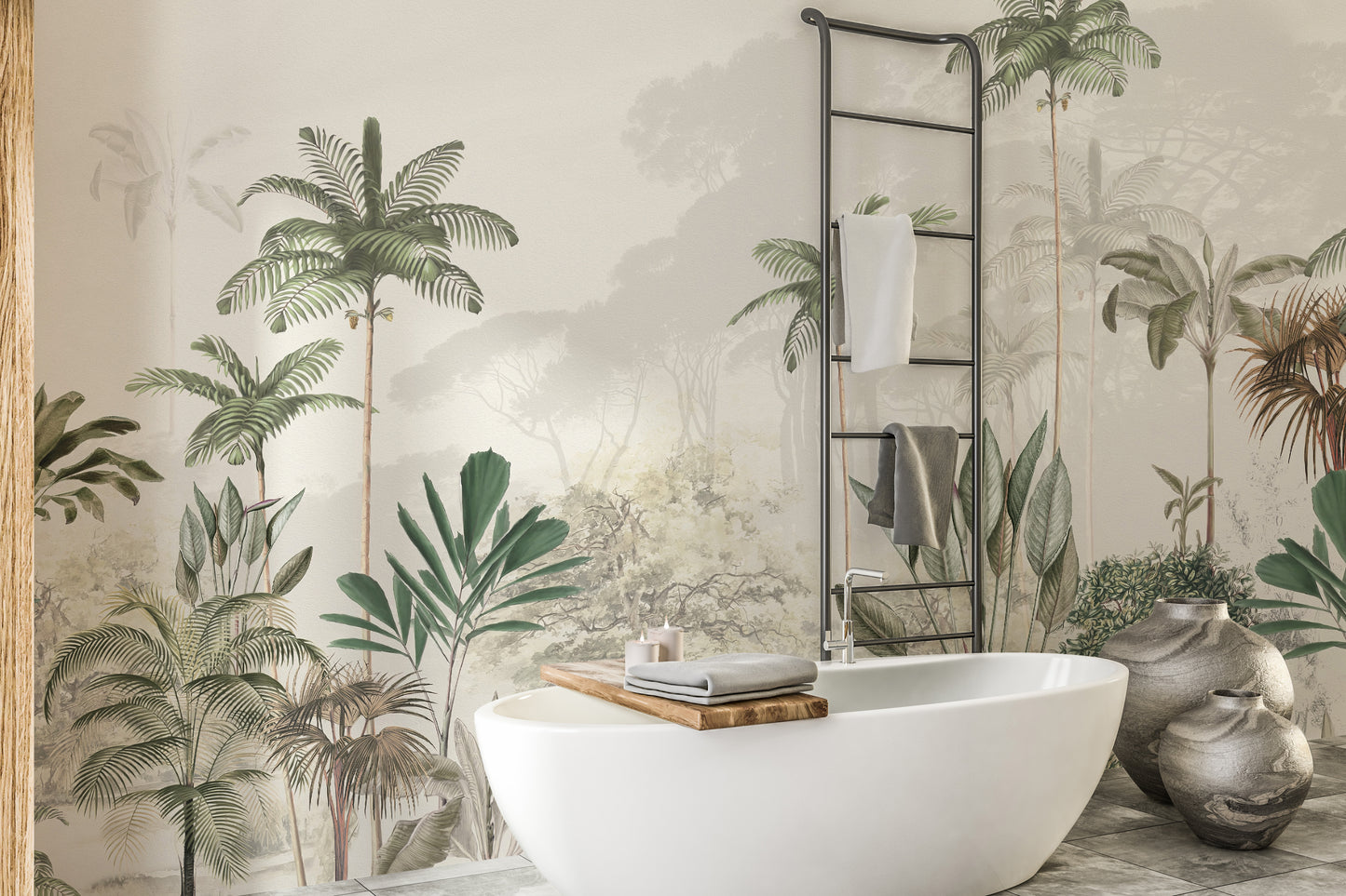 Tropical Trees White Tone wallpaper mural styled as a feature wall behind a dining table and chairs in warm sepia tones