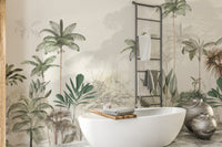Tropical Trees White Tone wallpaper mural styled as a feature wall behind a dining table and chairs in warm sepia tones