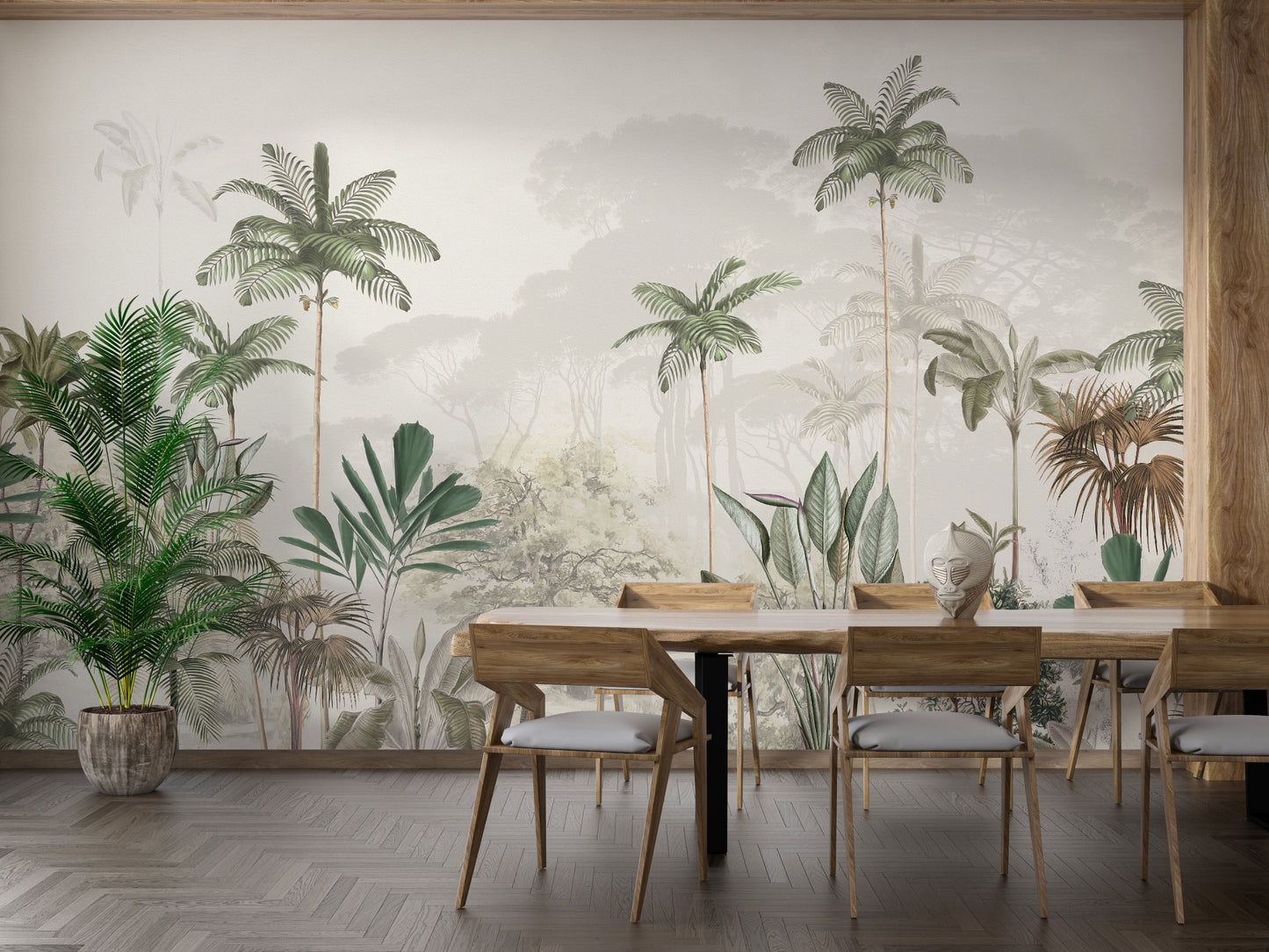 Tropical Trees White Tone wallpaper mural as a bedroom feature wall behind the headboard in warm sepia tones
