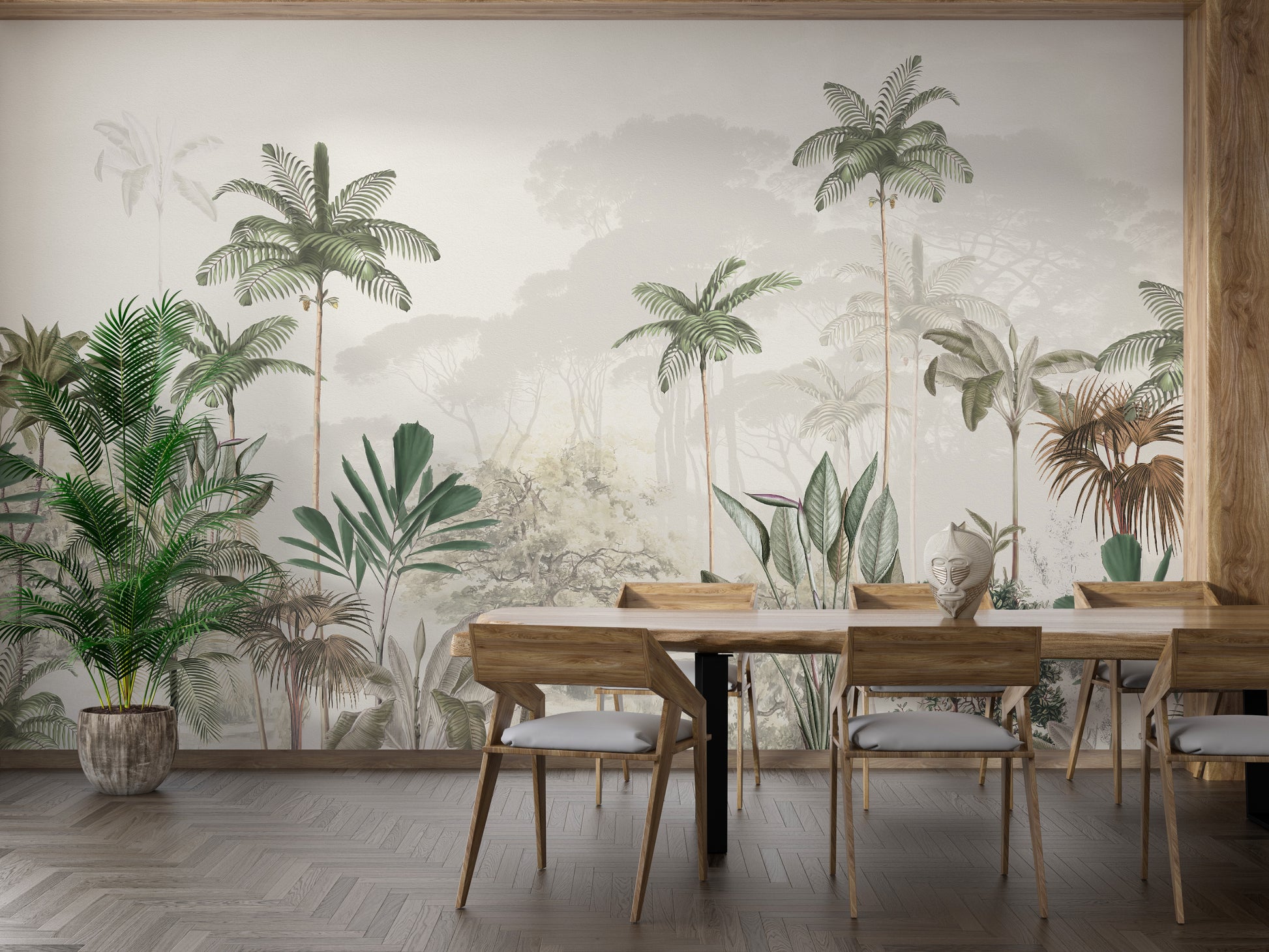 Tropical Trees White Tone wallpaper mural as a bedroom feature wall behind the headboard in warm sepia tones