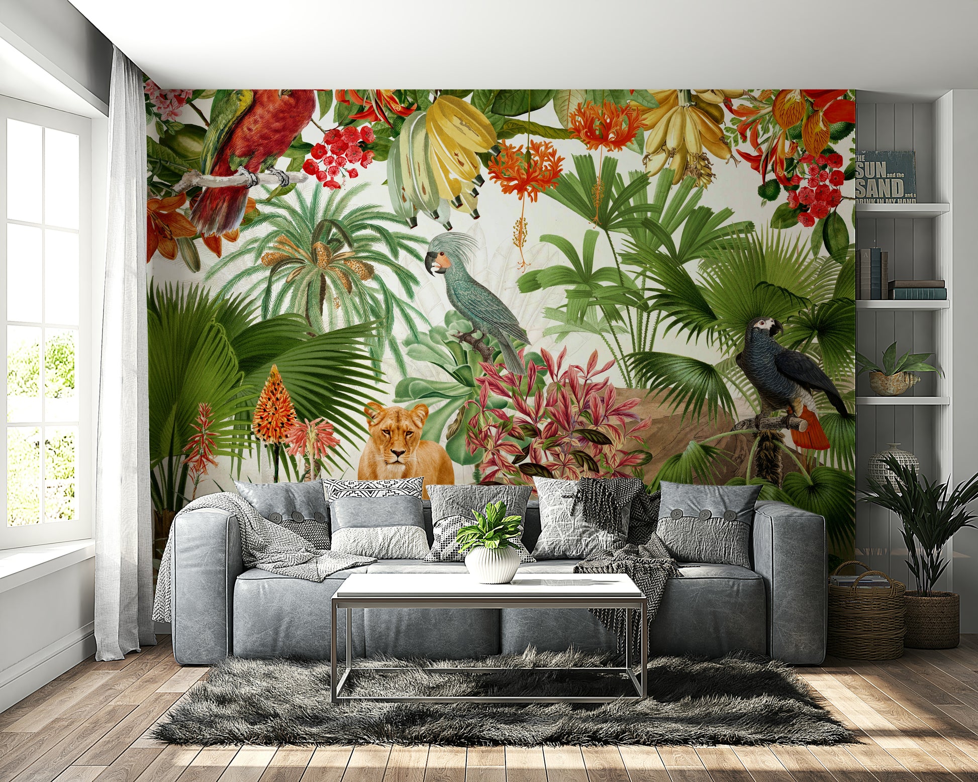 Tropical Eden mural with vibrant flowers and subtle wildlife

