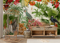 Wallpaper for walls with rich tropical foliage and wildlife

