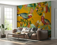 Vintage-style tropical mural with rich greenery and natural details

