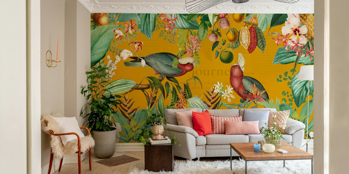 Wall mural with vintage tropical journey design and vibrant colors

