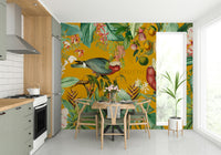 Tropical wallpaper mural with exotic foliage and vintage details

