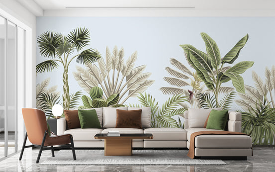 Vintage Tropical Leaves wallpaper mural shown as a full feature wall that highlights the design