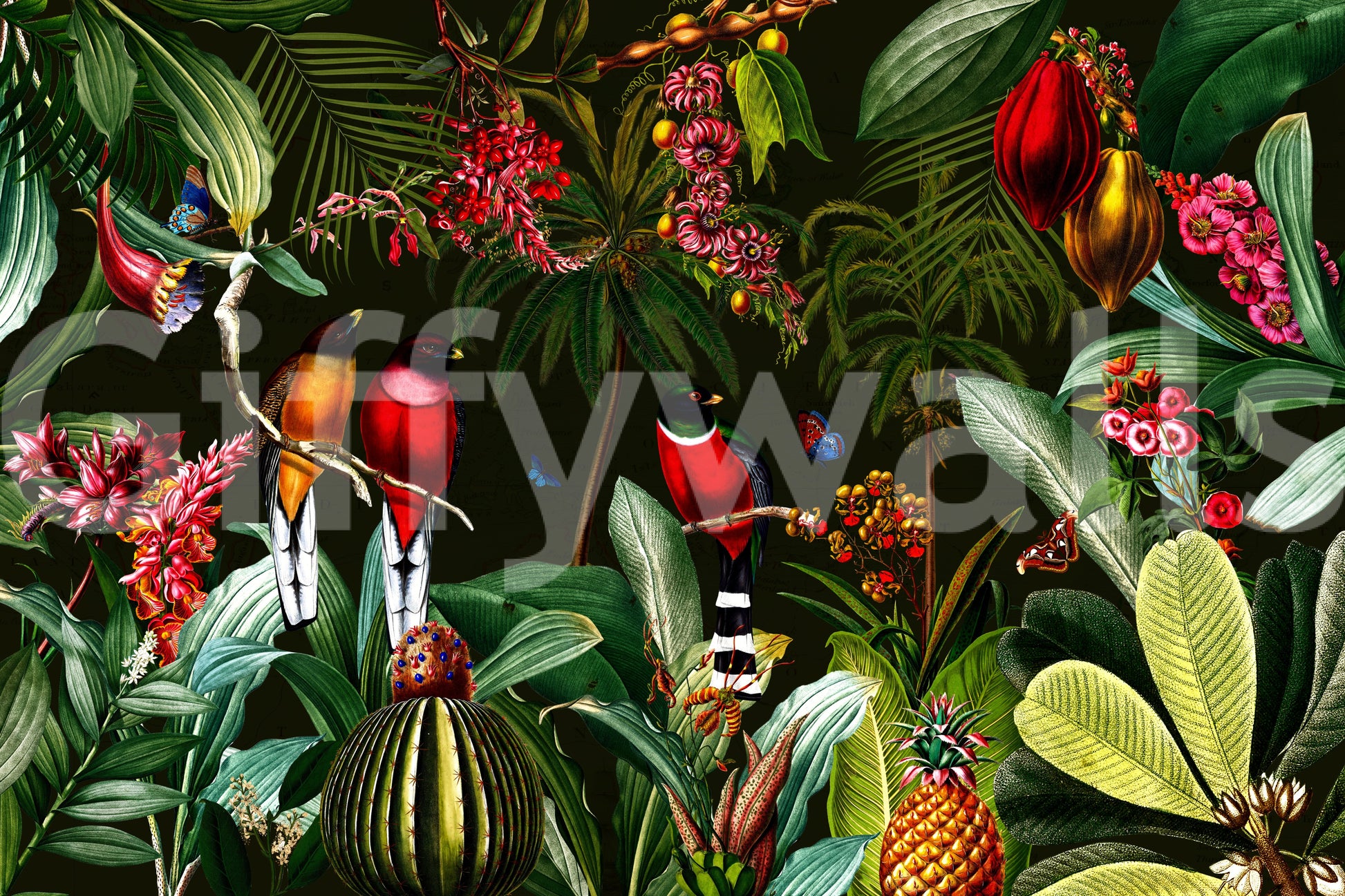 Lush tropical foliage mural creating an exotic ambiance.

