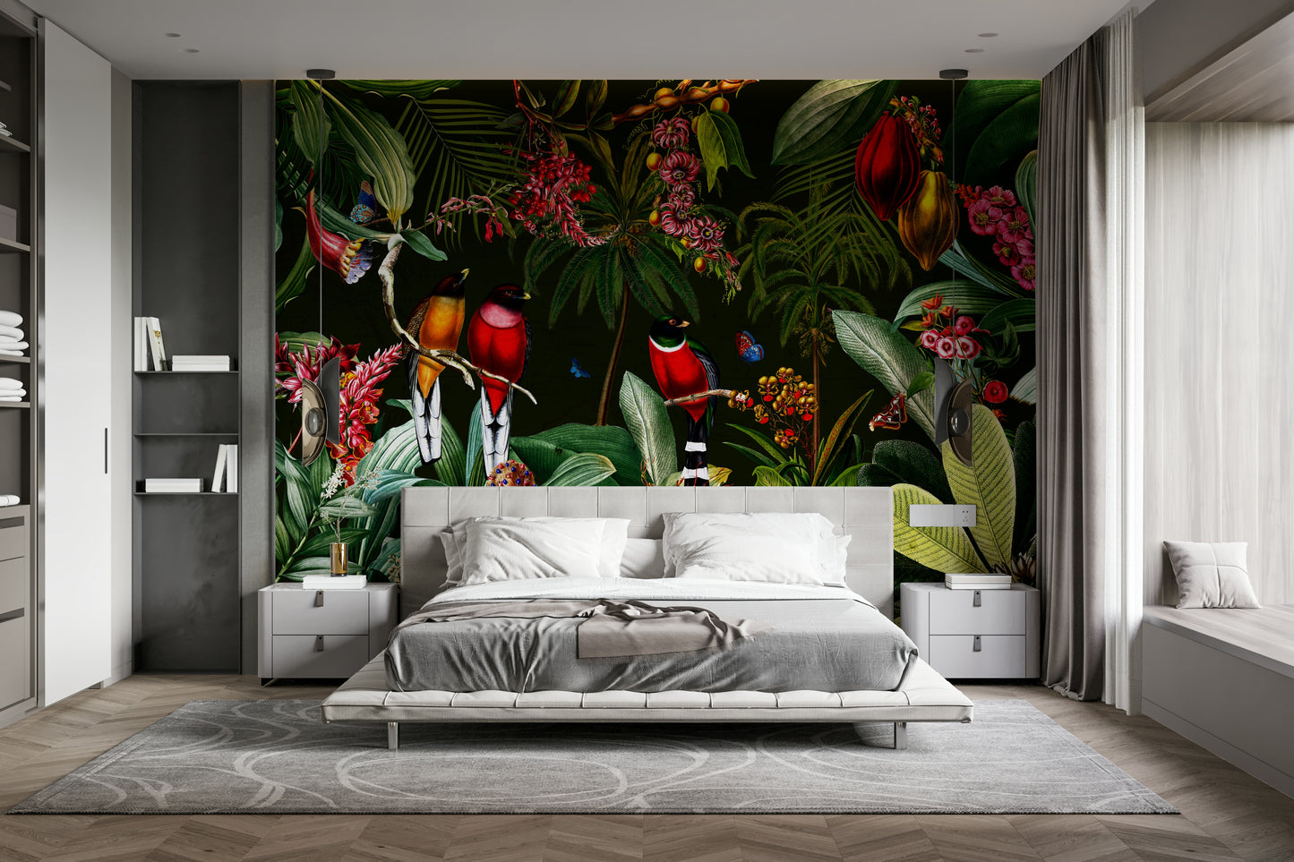 Timeless vintage tropical mural wallpaper with starry sky.

