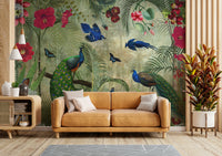 Elegant tropical wall mural with exotic peacocks and flowers

