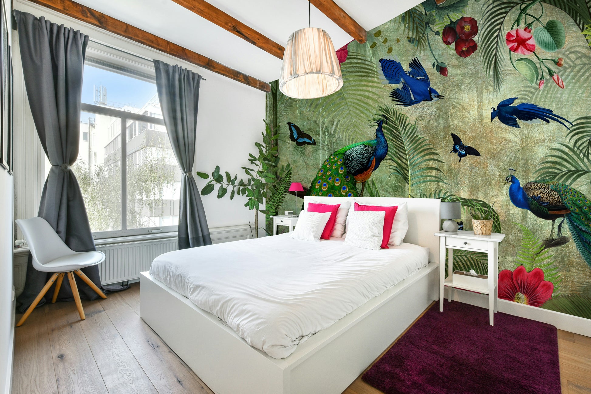 Tropical wall mural with vintage peacock design and vibrant colors

