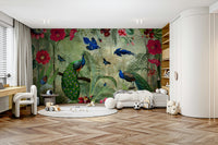 Exotic peacock wall mural with vibrant tropical flowers

